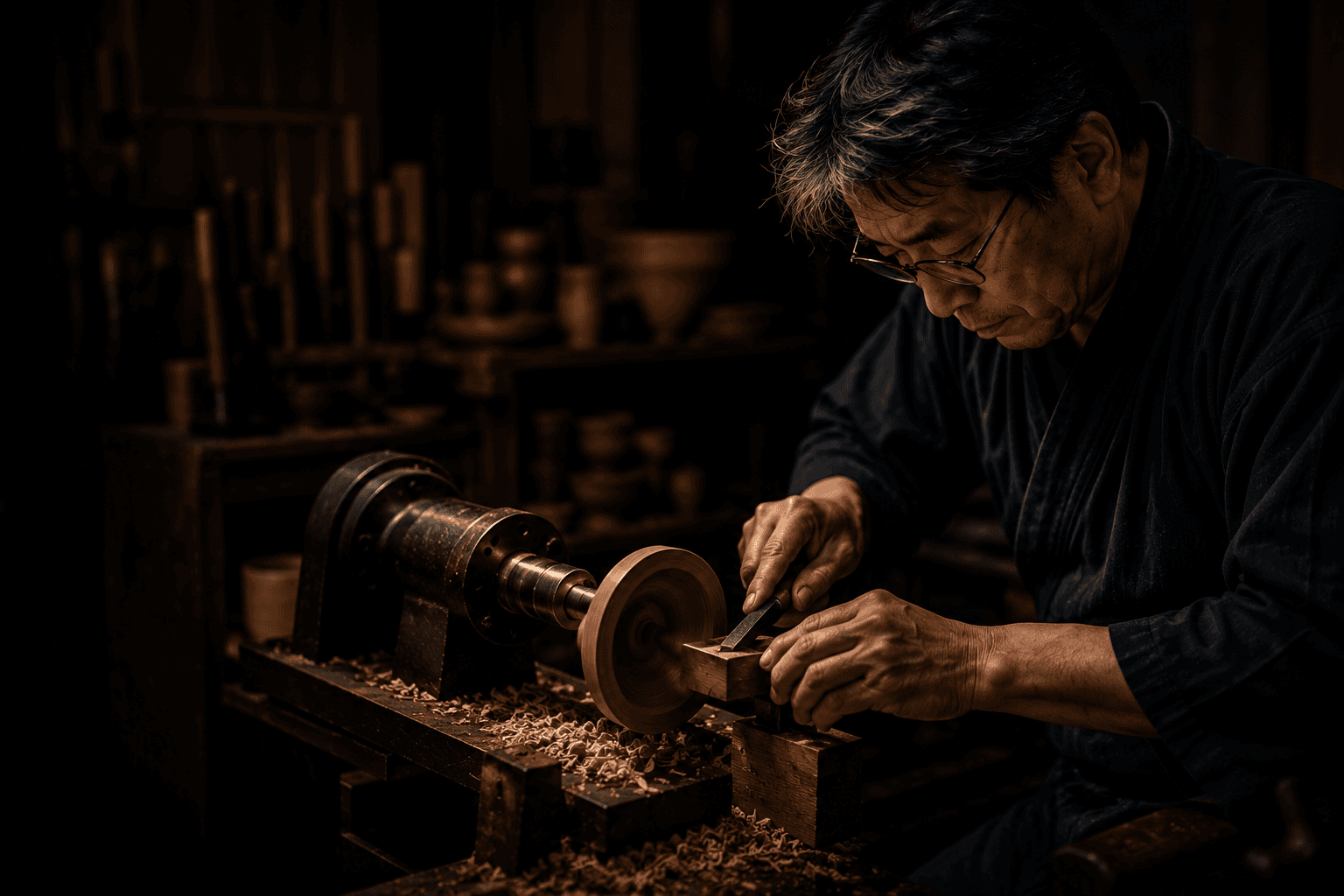A master craftsman bent over his bench, working metal by hand in a workshop of warm low light.