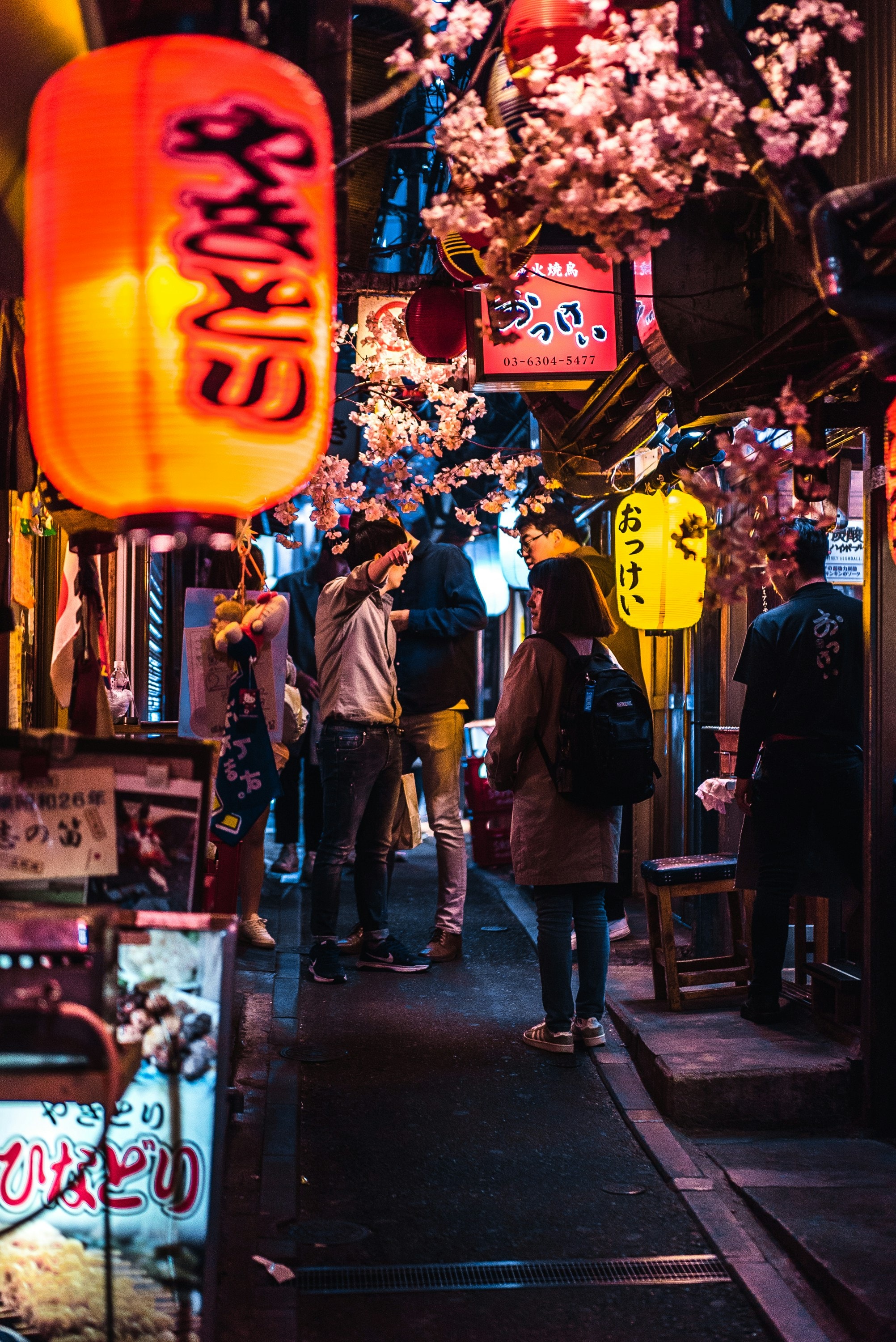 A narrow lantern-lit Tokyo alley after dark — a great crimson paper lantern glowing in the foreground, cherry blossom and warm signage overhead, a few figures lingering between the izakaya stalls.
