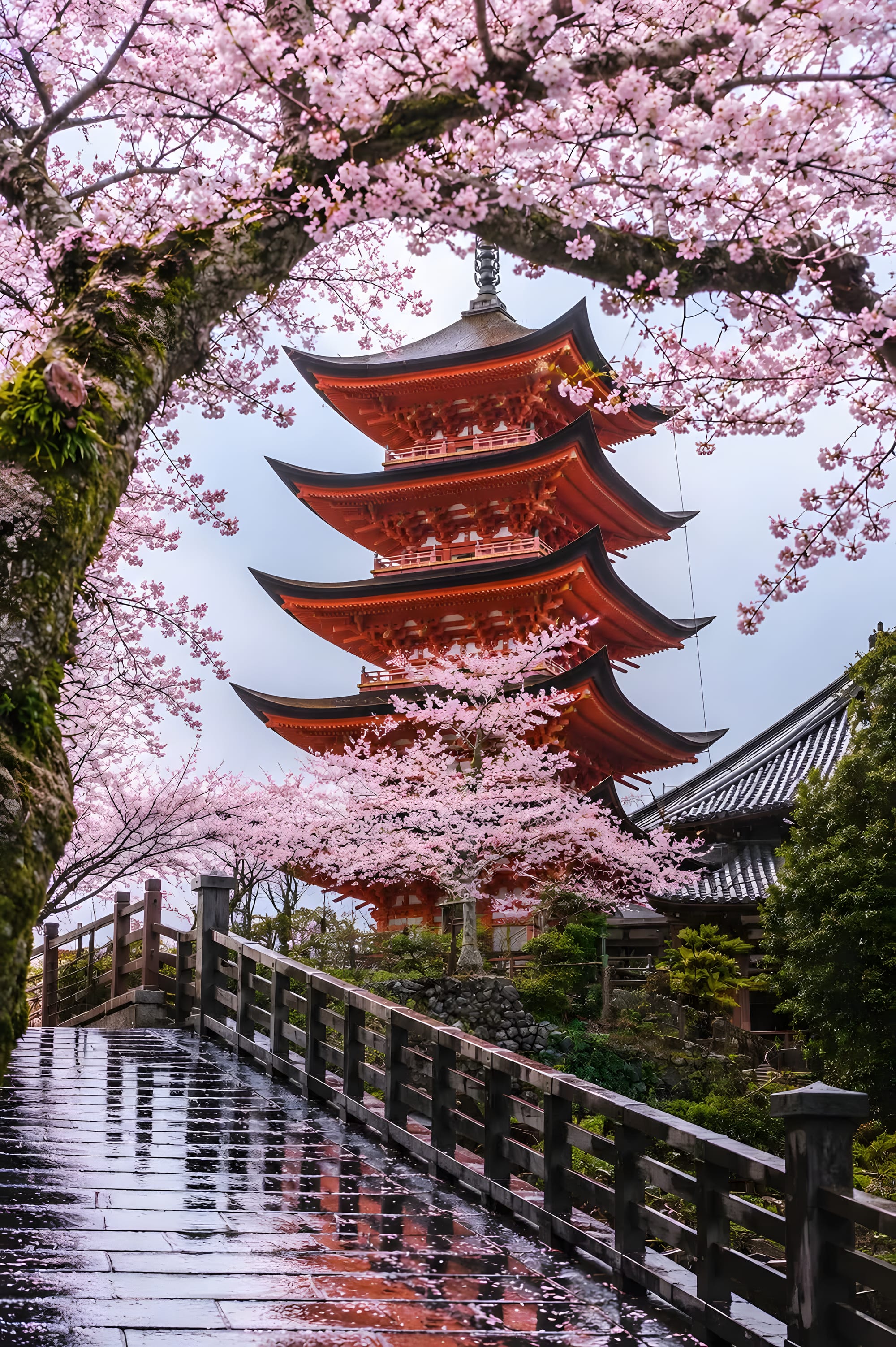 A five-storey vermillion pagoda rising through cherry blossom above a rain-darkened wooden walkway.