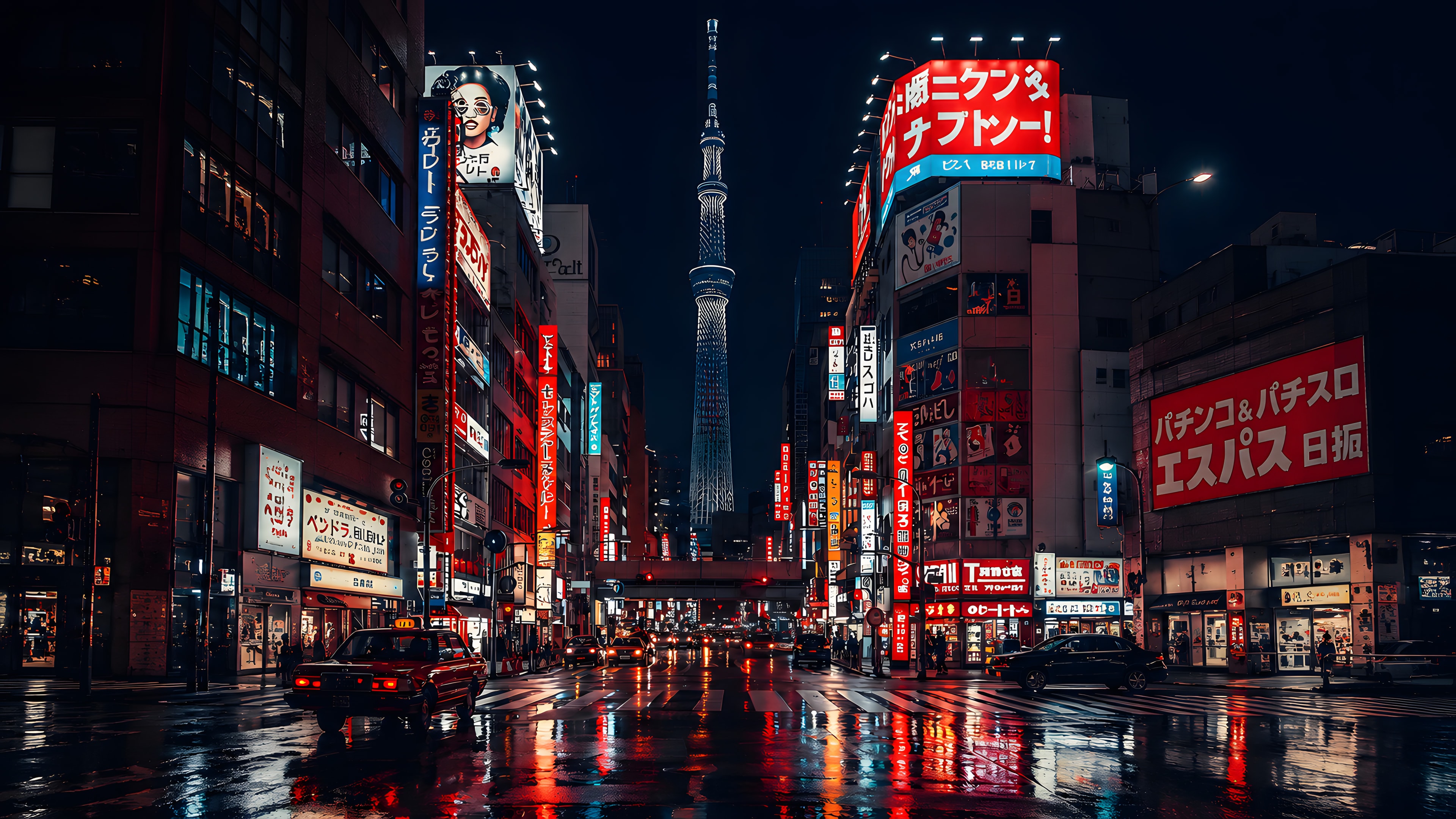 A rain-slicked Tokyo street at night, neon signage lining both sides as the Skytree rises through the centre of the avenue.